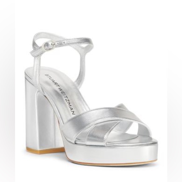 NEW STUART WEITZMAN DAYNA 100MM METALLIC LEATHER PLATFORM SANDALS IN SILVER 7.5 - Picture 5 of 11